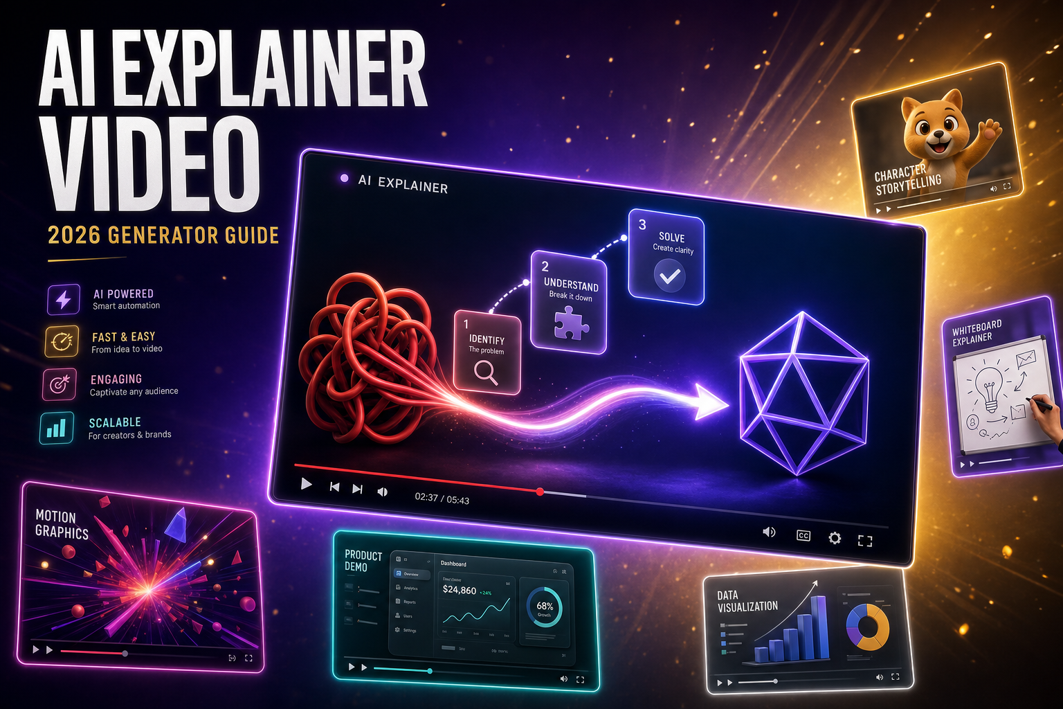 Cinematic 3D rendering of a glowing explainer video on a screen with character animation and motion graphics floating around