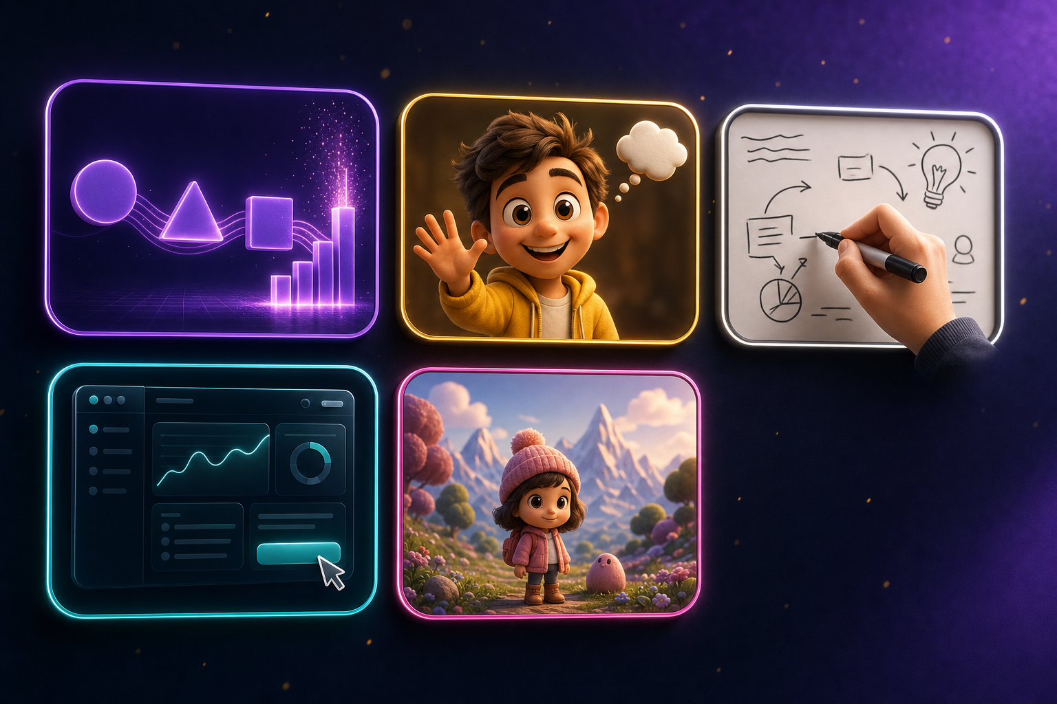 Five explainer video styles arranged as glossy 3D tiles: motion graphics, character animation, whiteboard, screencast, Pixar-style 3D
