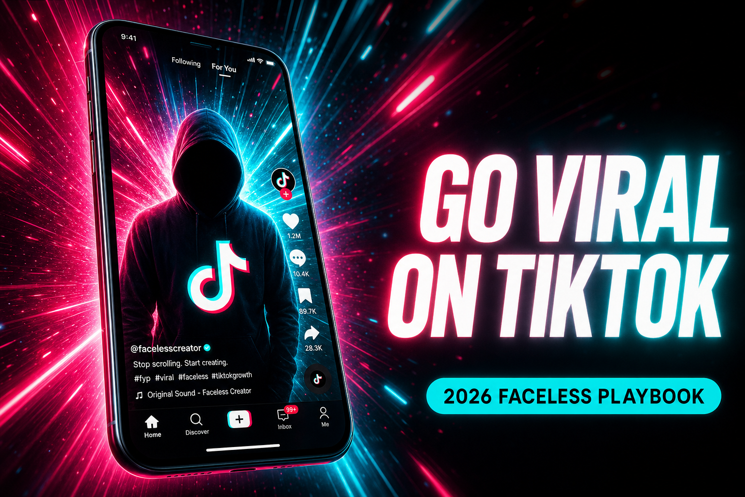 Cinematic 3D TikTok-style phone screen exploding with viral light rays on a gradient