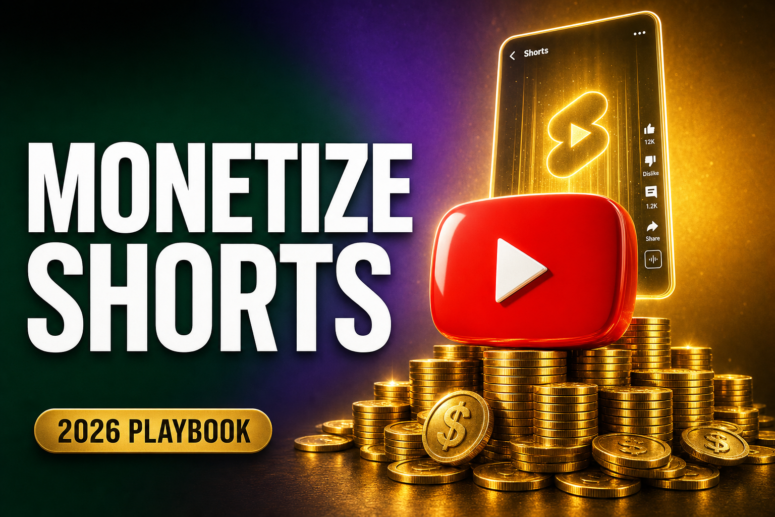 3D YouTube play button stacked on glowing gold coins with a Shorts vertical screen aesthetic
