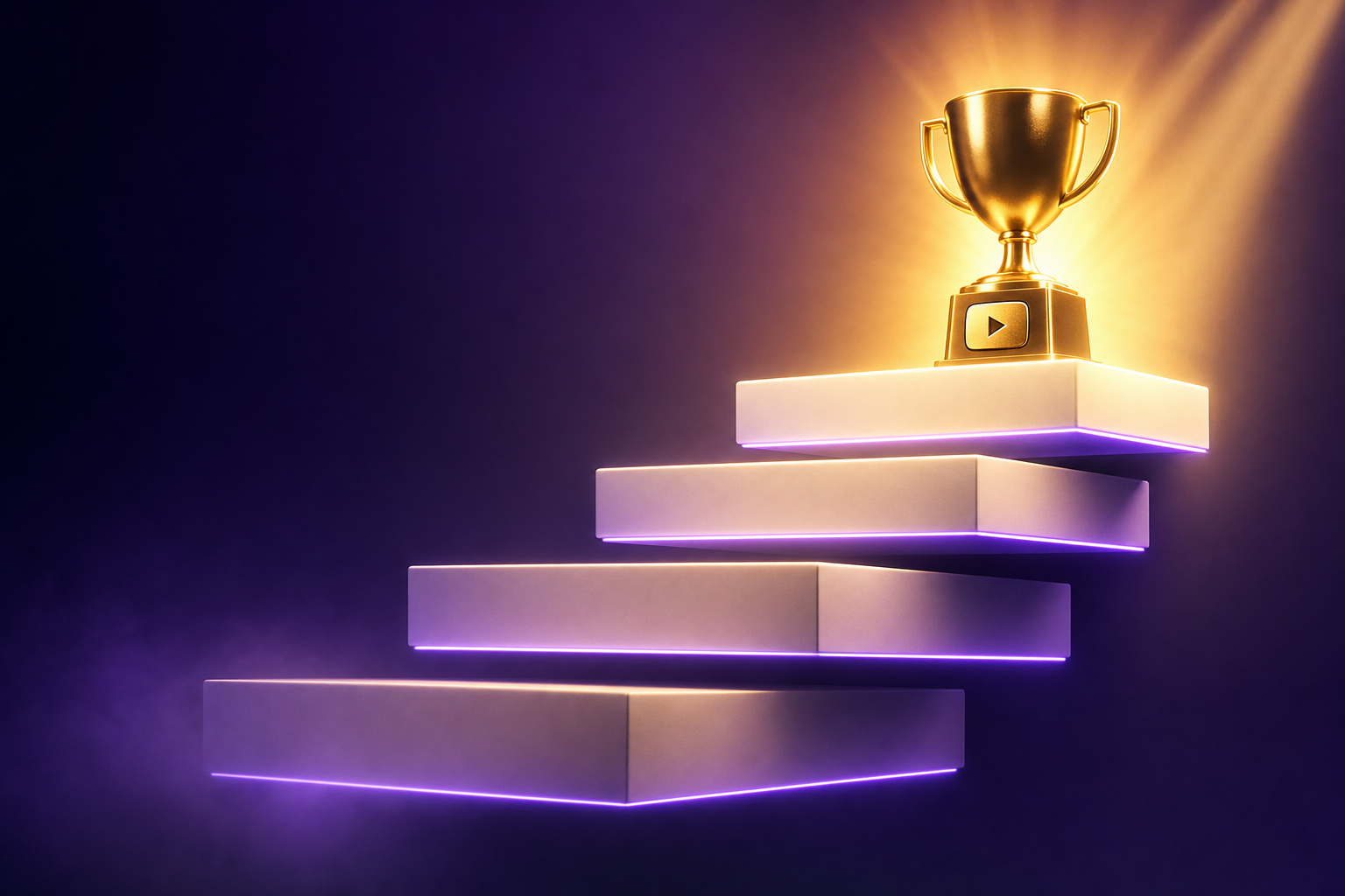 3D illustration of a glowing staircase of milestones leading to a gold trophy