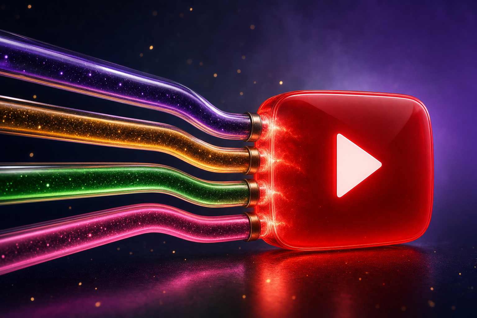 Editorial 3D illustration of four glowing pipes converging into a single YouTube play button