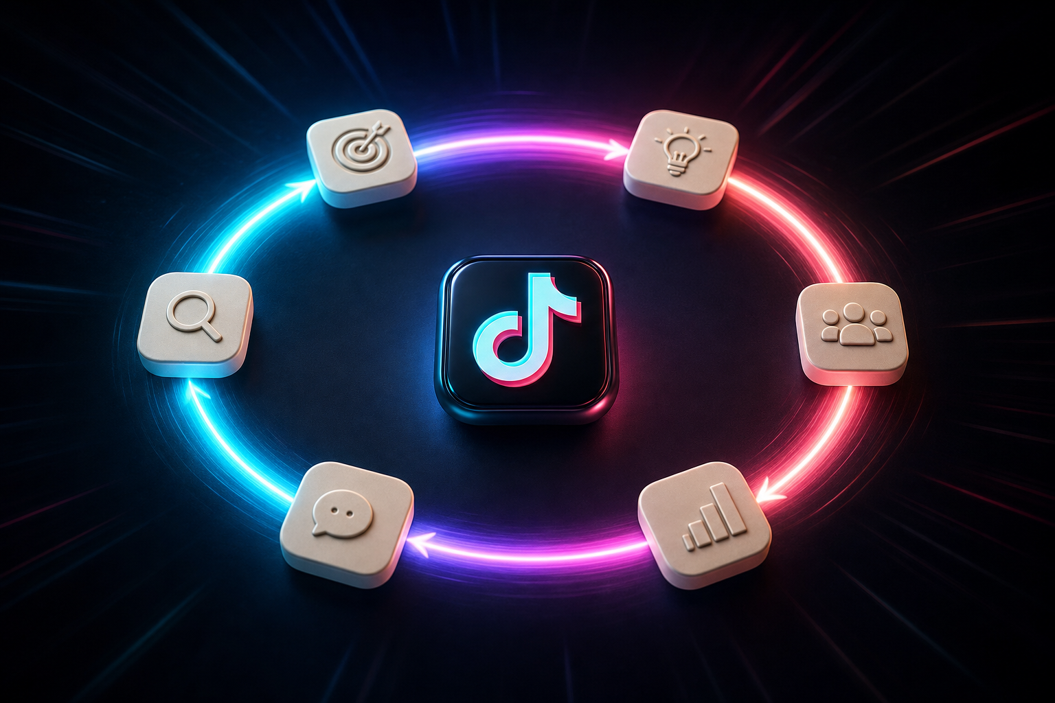 Editorial 3D illustration of a circular growth loop with a small TikTok logo at the center
