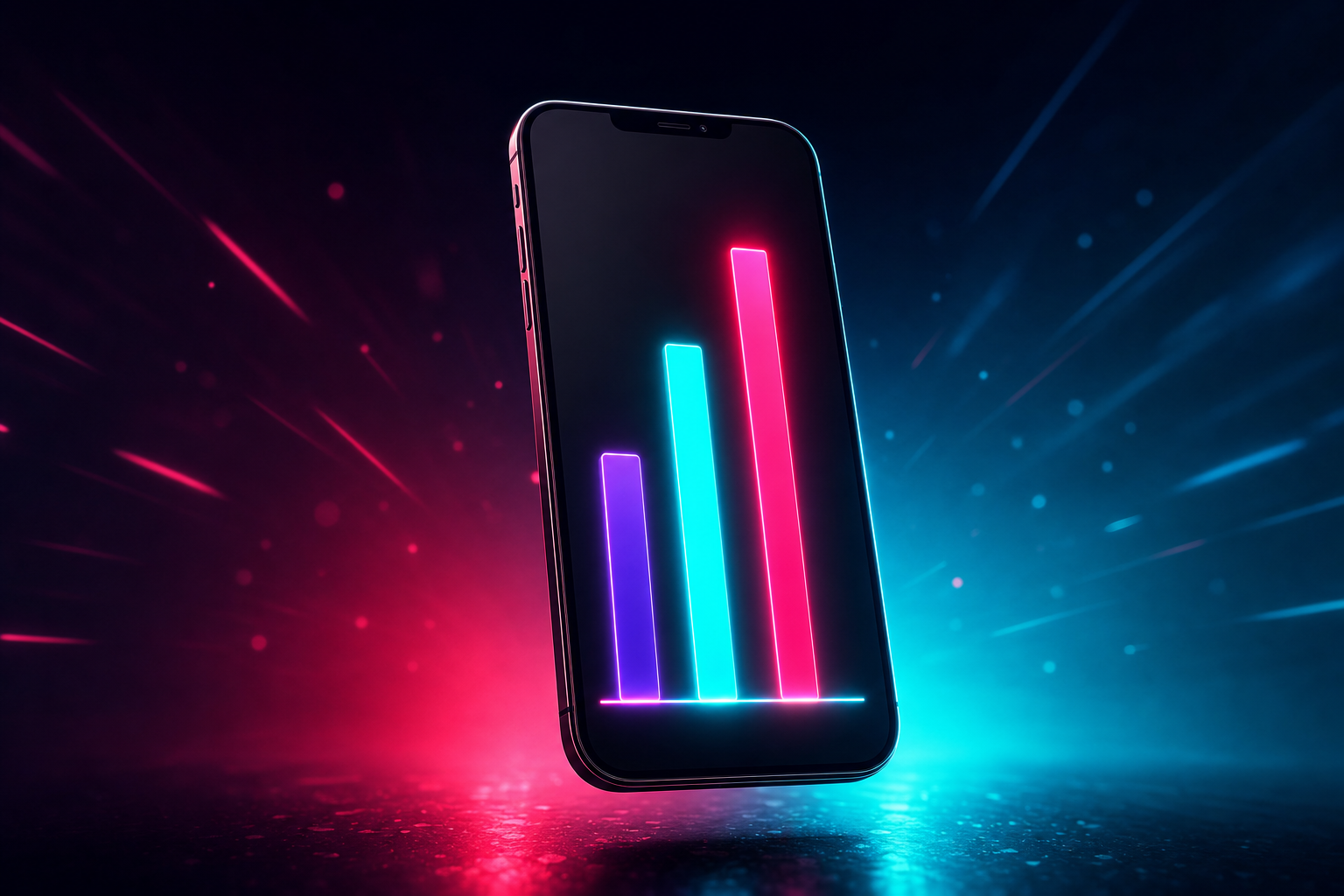 3D rendering of a vertical phone screen with three glowing signal bars labeled retention, completion, and saves