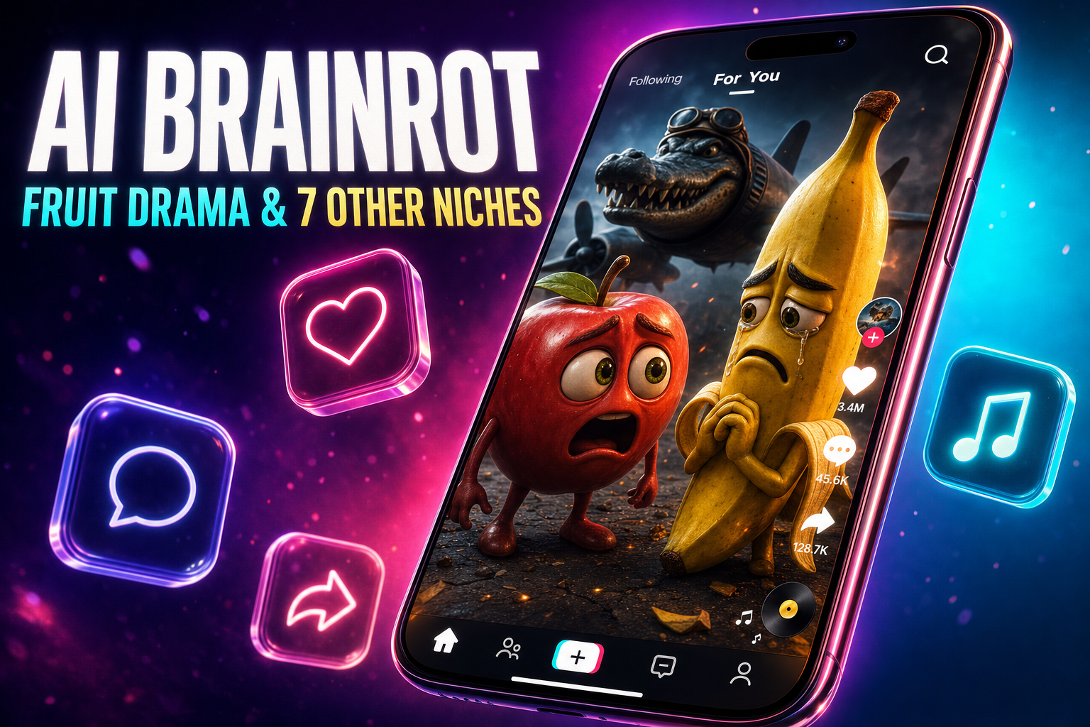 Editorial collage of glowing anthropomorphic talking-fruit and Italian-brainrot characters on a vertical phone, neon-pink chromatic aberration on a moody gradient