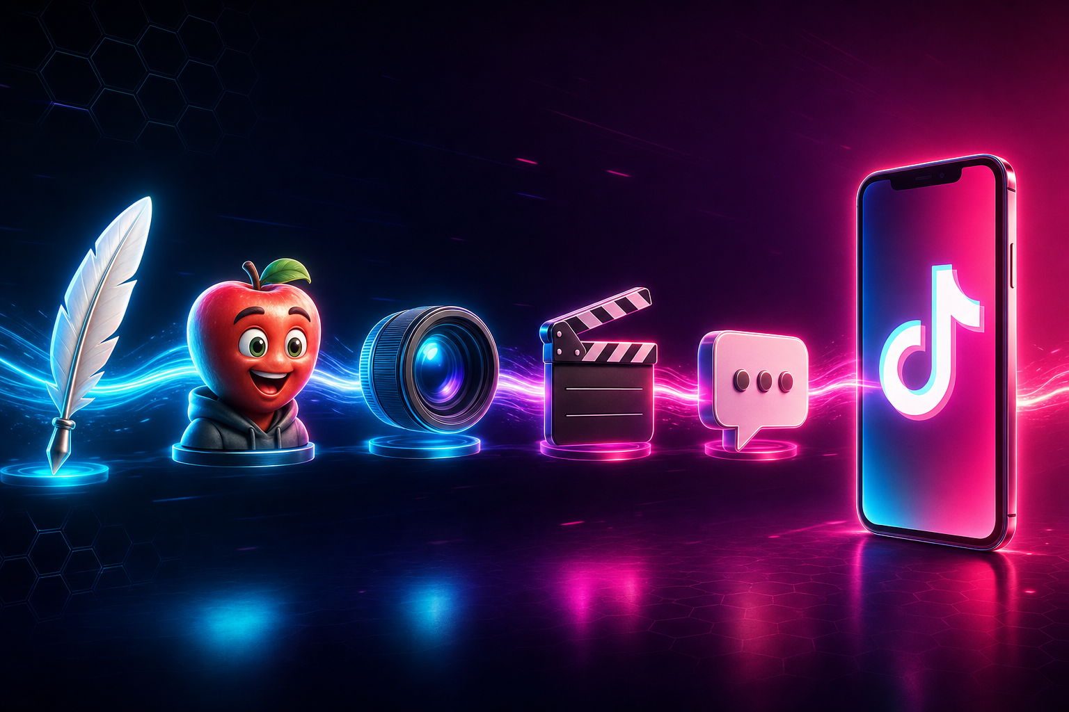 Production pipeline diagram with seven boxes — idea, script, character library, scene images, animation, voice, stitch — connecting left to right with arrows