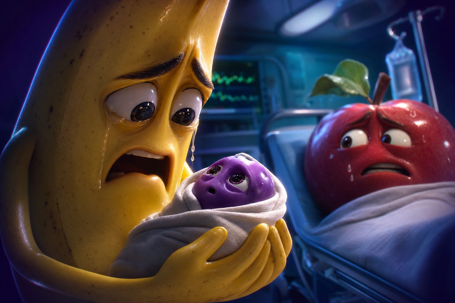 Pixar-style scene of an anthropomorphic banana in a hospital bed holding a strawberry-banana baby with an apple character looking shocked, soft hospital lighting