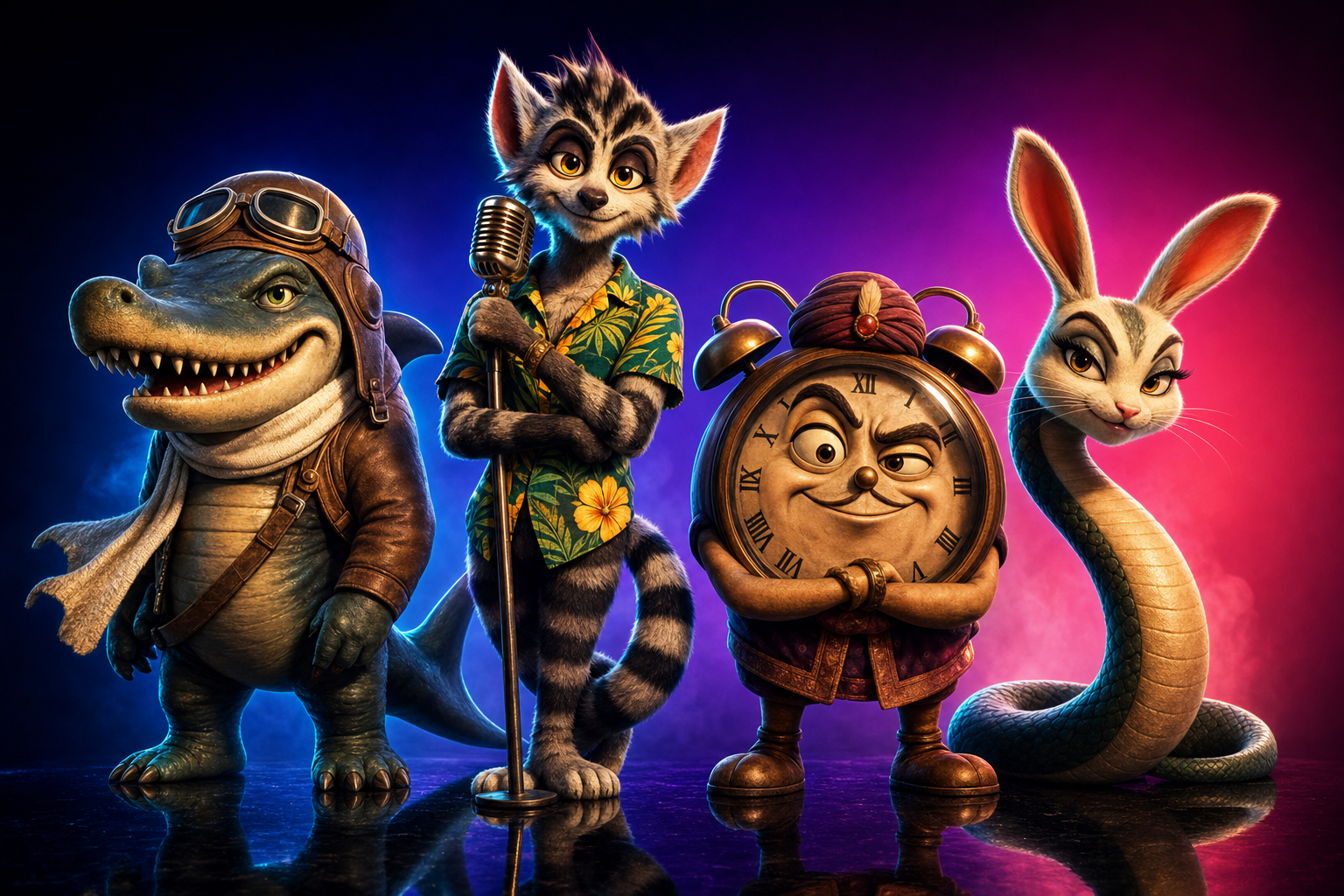Editorial silhouette lineup of Italian brainrot characters — a crocodile in a bomber jacket, a shark with sneakers, a baboon-baby hybrid, and a surreal monkey-camera creature on a moody warm background