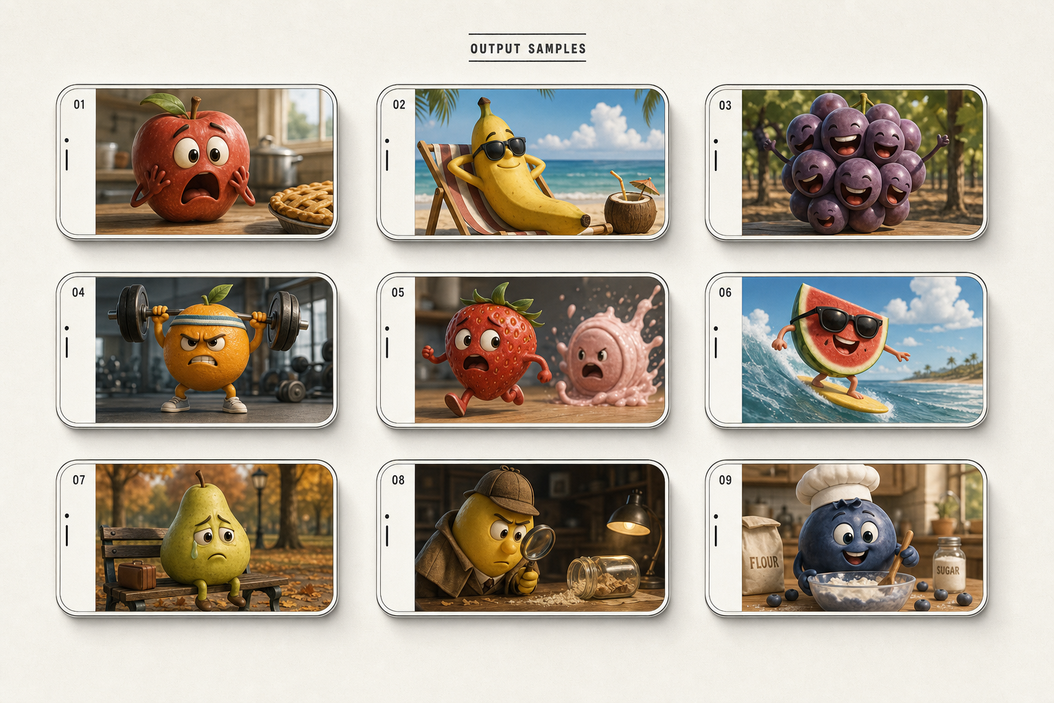 Grid of nine YouTube thumbnails from 2026 viral faceless channels — talking food, anthropomorphic animals, mini documentaries — all generated through image-to-video pipelines