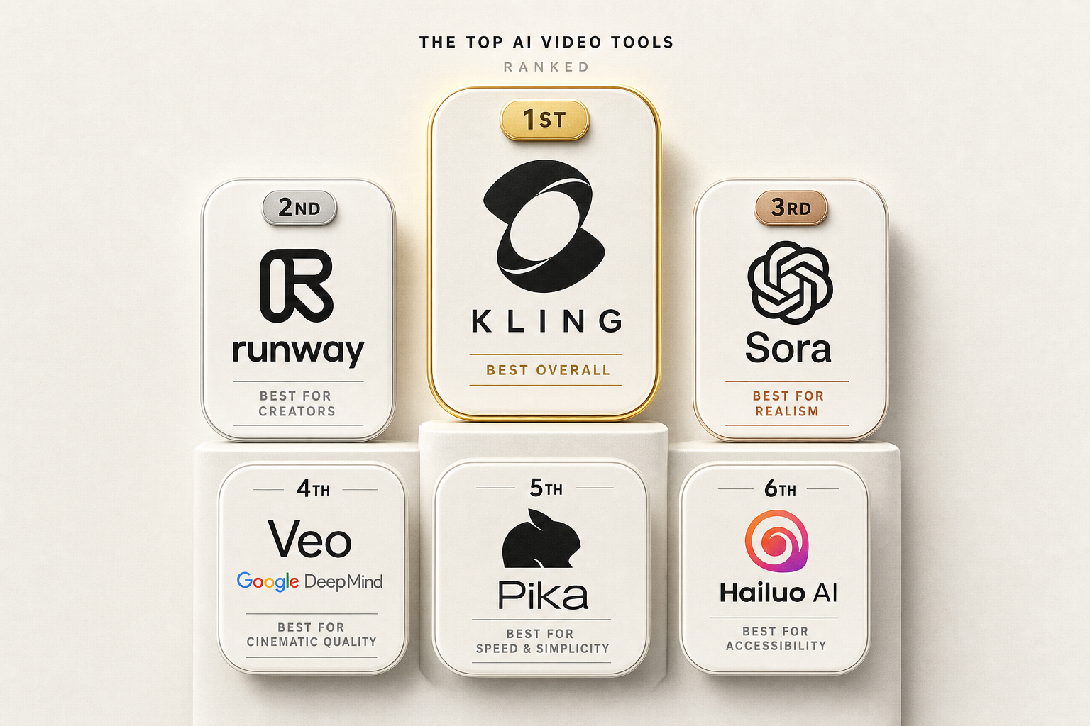 Ranked leaderboard graphic showing twelve AI image-to-video tools as a podium on a cream background — Kling 3.0 Motion Control crowned at the top in warm gold