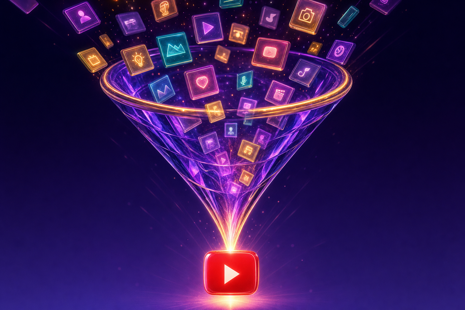 Diagram showing how raw ideas funnel through an automation pipeline into published YouTube videos