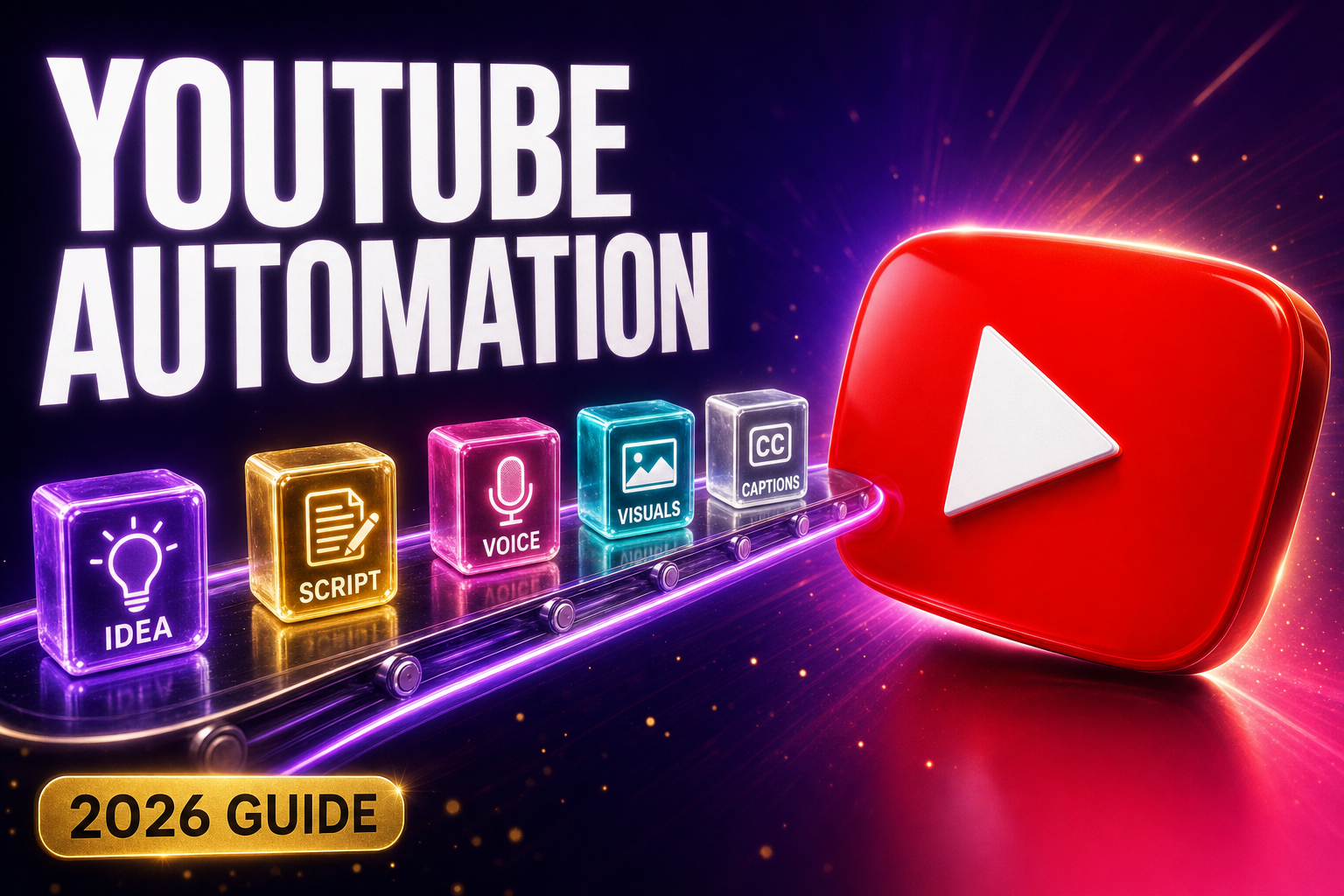 Editorial illustration of a calm operator console turning a single idea into a steady stream of finished YouTube videos