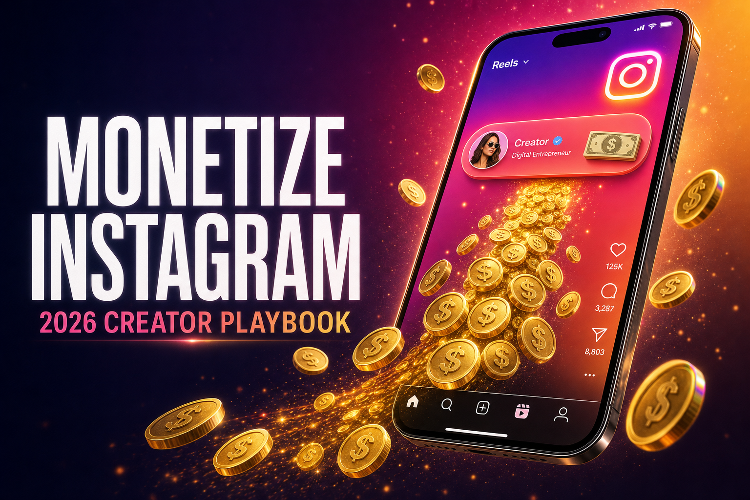 Editorial composition of an Instagram phone screen with floating dollar coins on a warm cream background