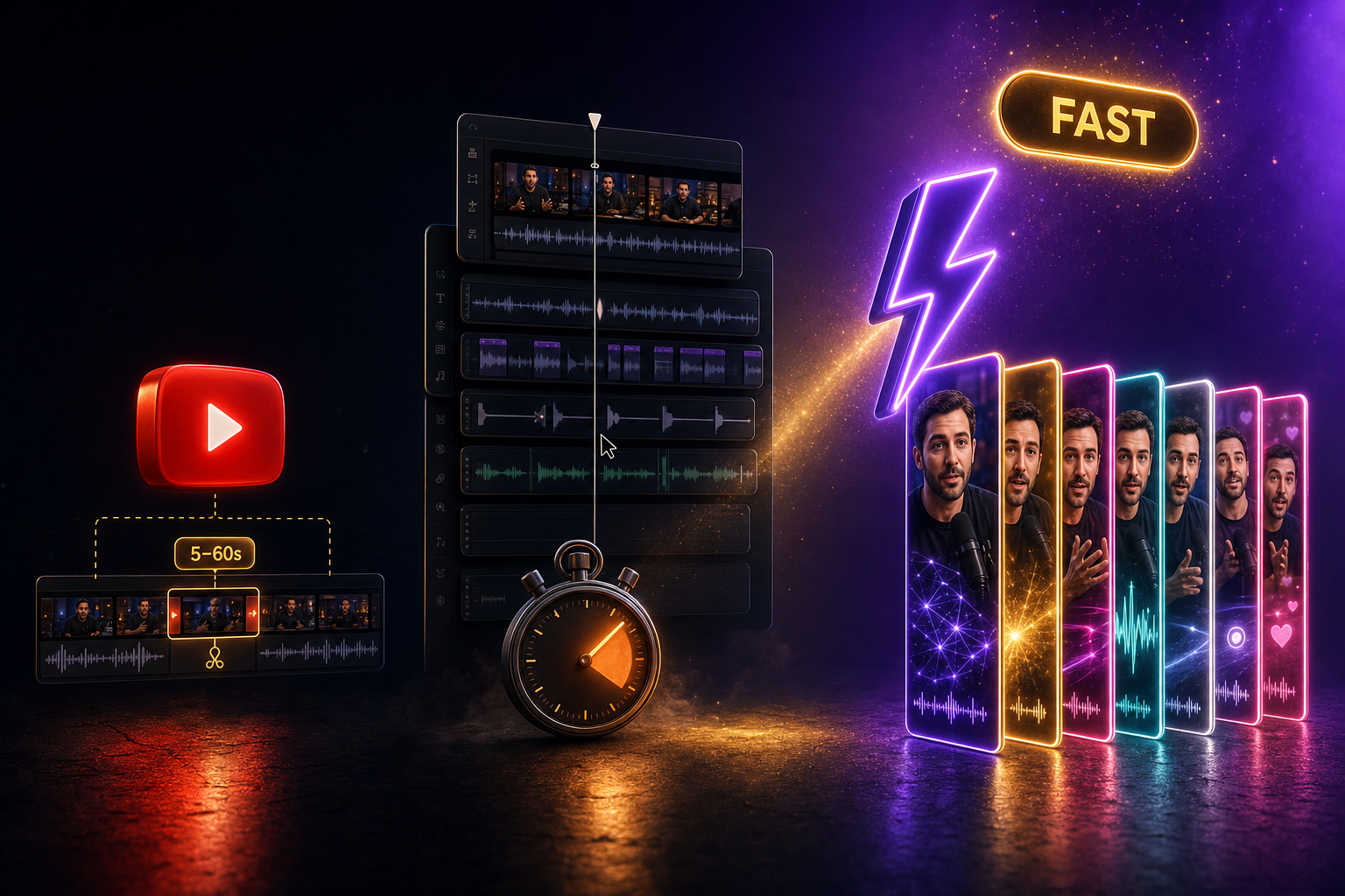 Three clip workflows compared: YouTube's native clip button, manual editor, AI clip maker