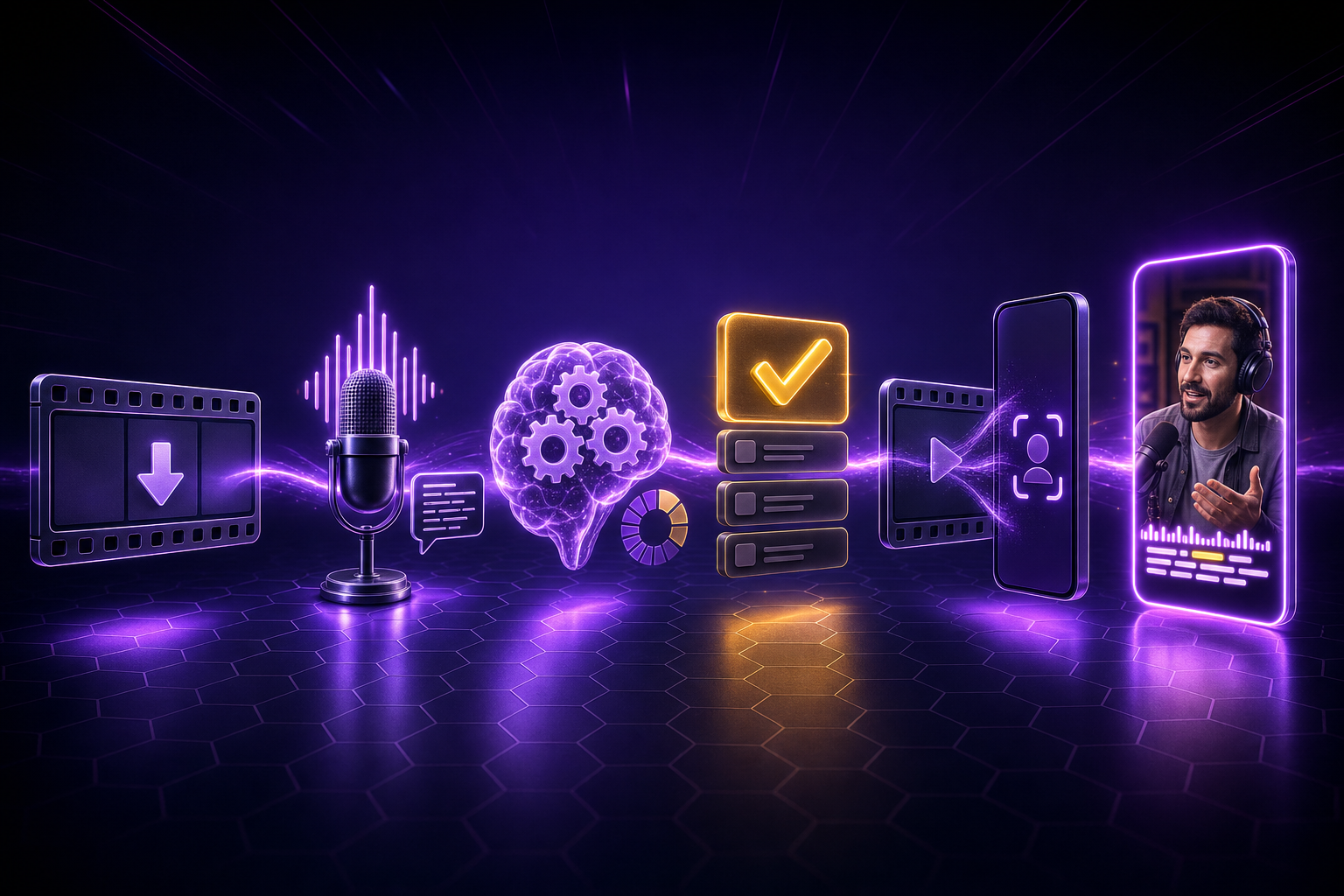 Six-stage AI clip maker pipeline: ingest, transcribe, score, select, reframe, caption