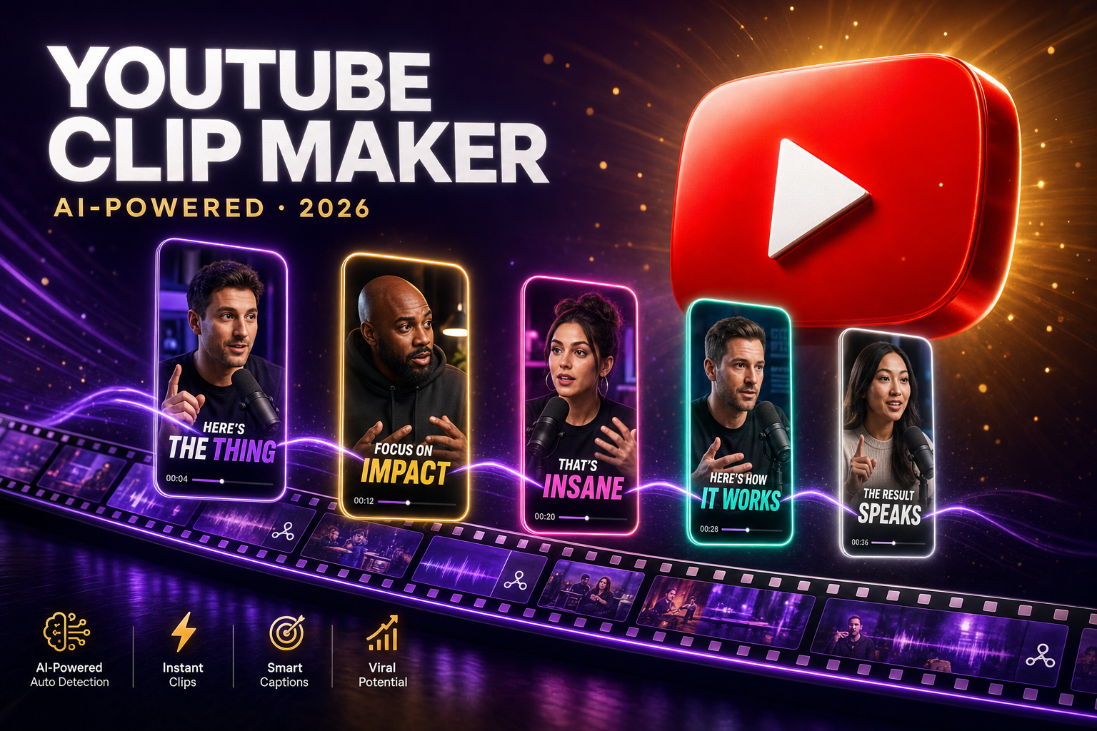 Cinematic 3D rendering of a long YouTube video being split into vertical clips by glowing purple light beams