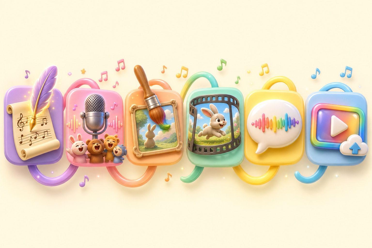Nursery rhyme creation flow: lyric writing, music and singing, scene visuals, animation, captions, final video