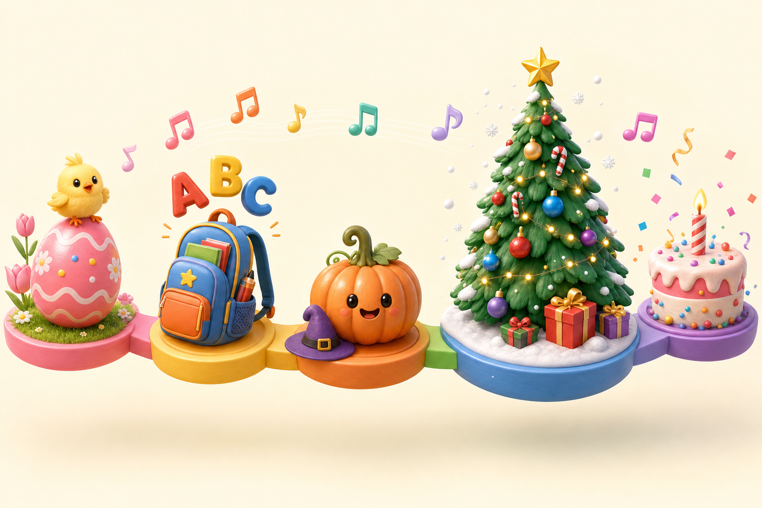 Annual seasonal nursery rhyme calendar showing Christmas, Halloween, Easter, Valentine's, Birthday peaks across the year