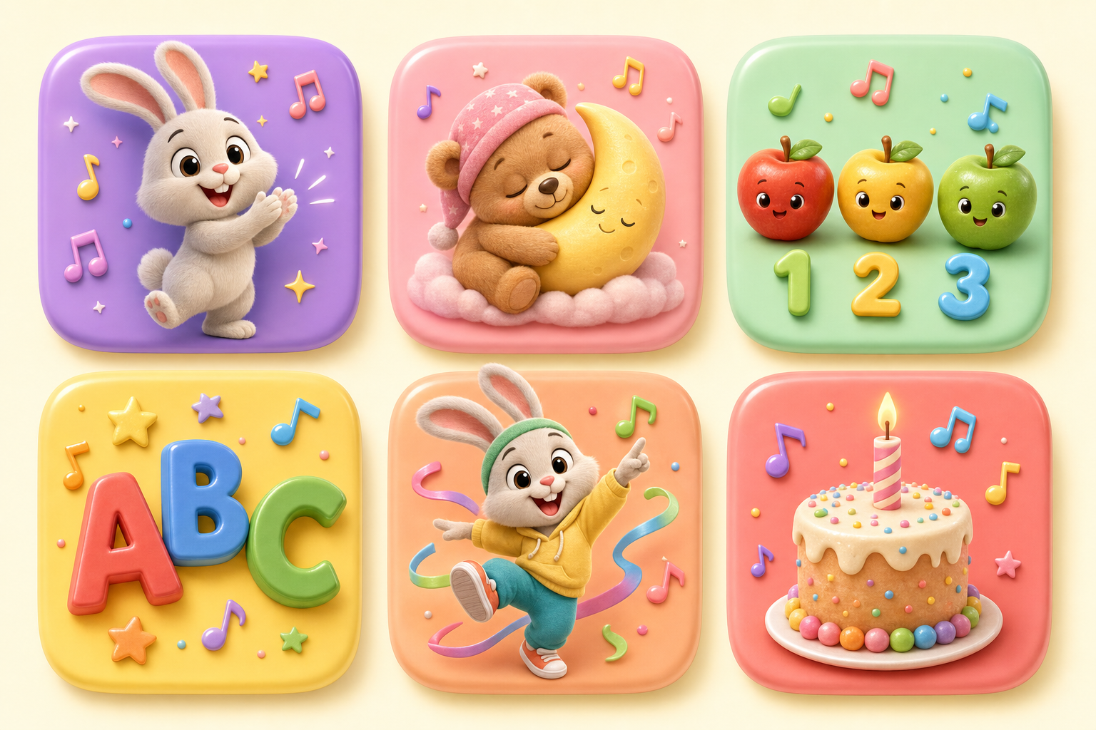 Six nursery rhyme song styles arranged as Pixar-style 3D tiles: sing-along, lullaby, counting, ABC, action-dance, birthday