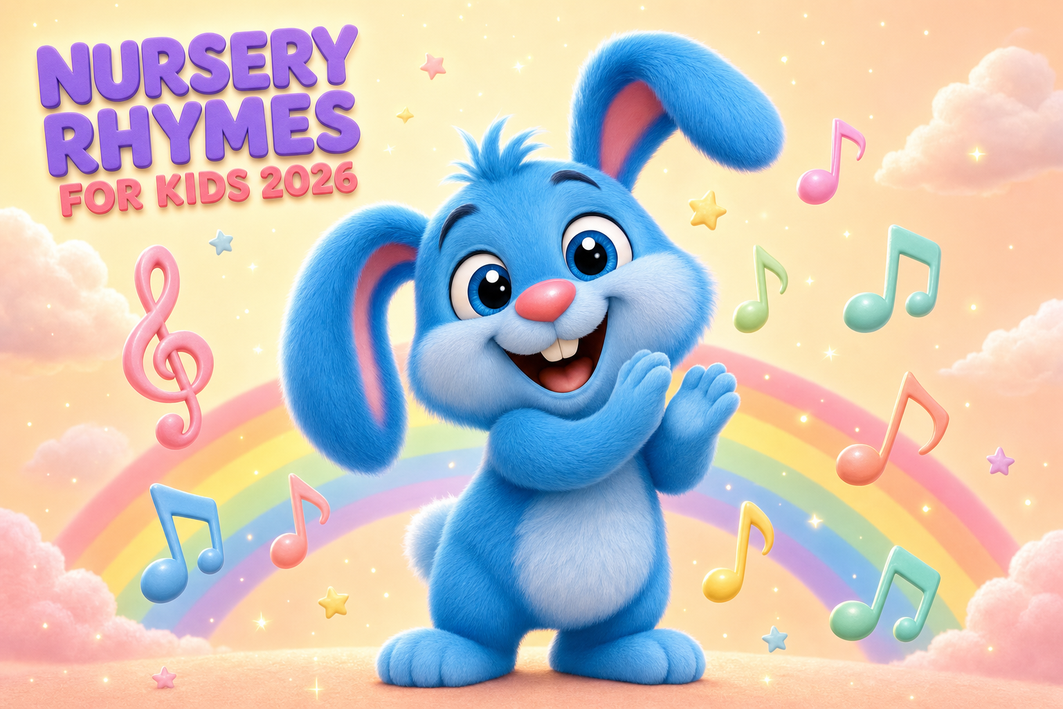 Cinematic 3D Pixar-style scene of a bright blue bunny character singing on a rainbow stage with musical notes floating around