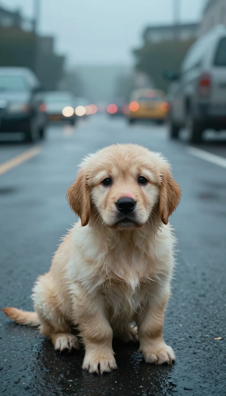 This tiny golden retriever shivers alone, soaked and…