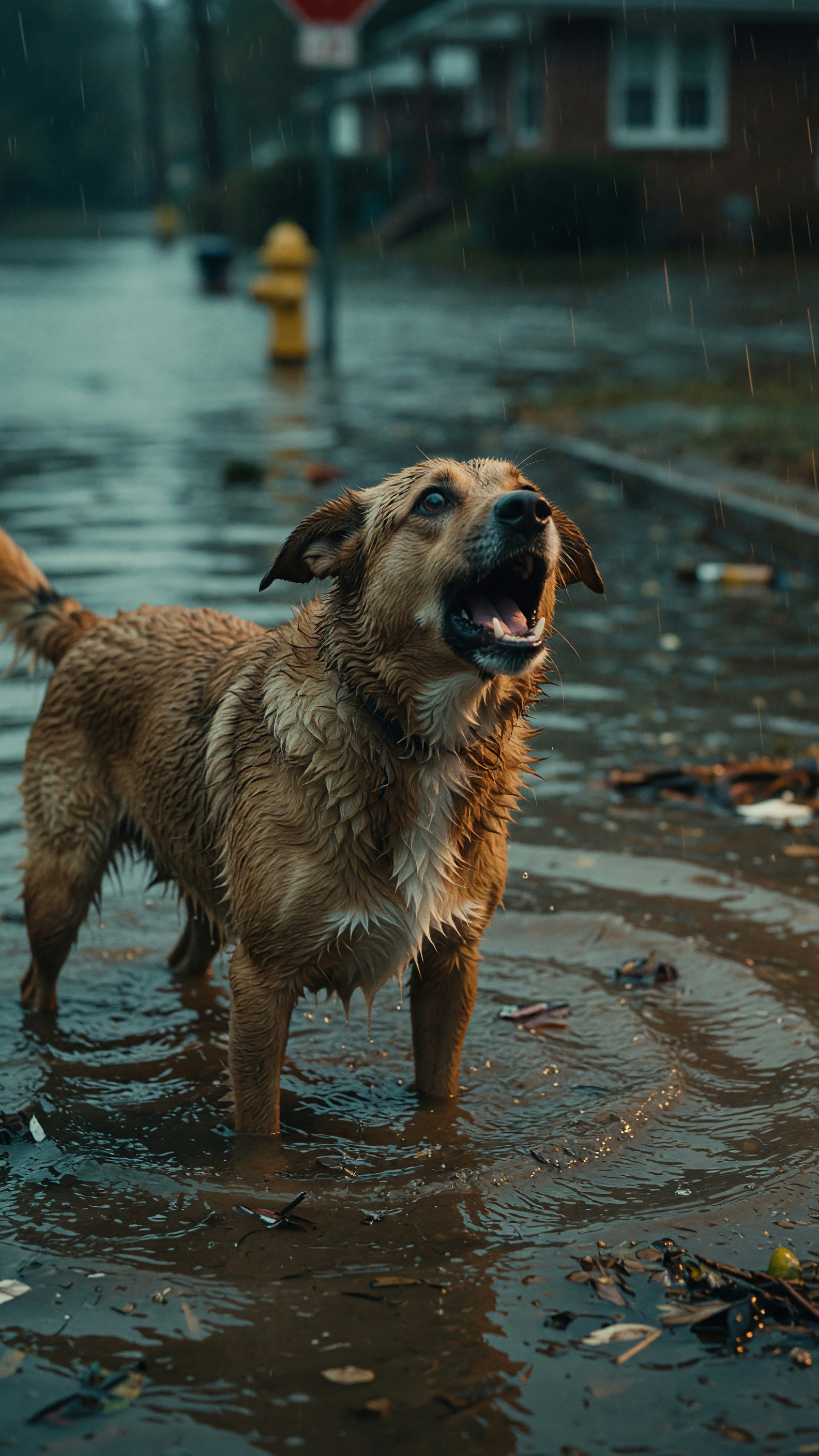 A frightened dog barks desperately in a flooded…