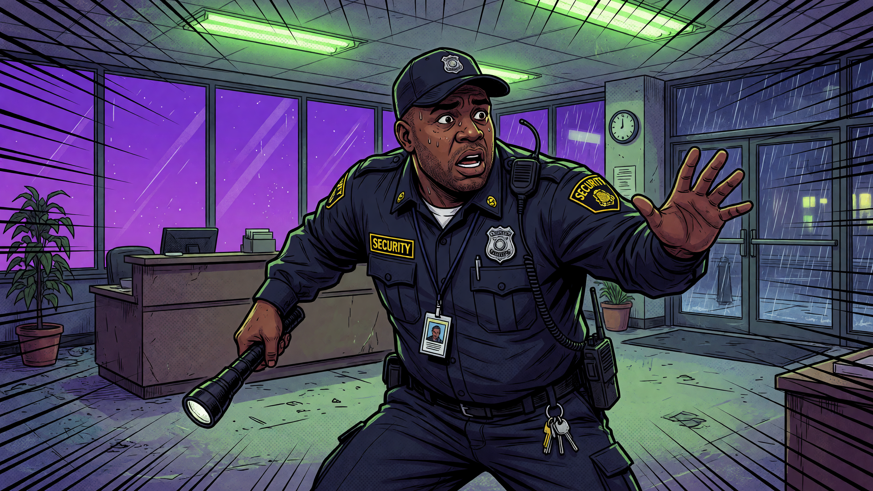 A security guard named Marcus works the overnight…