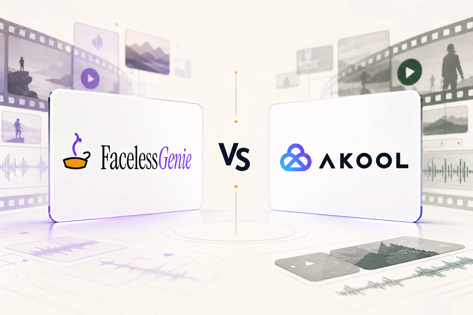 FacelessGenie logo versus the official Akool logo on a video-production comparison thumbnail