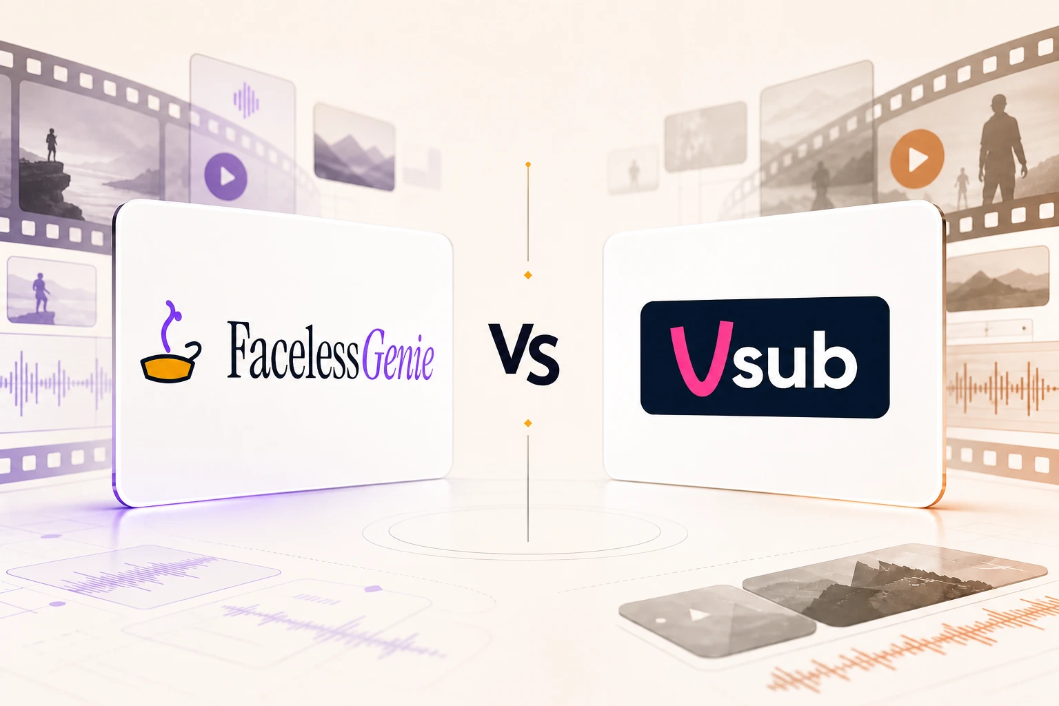 FacelessGenie logo versus the official VSub logo on a video-production comparison thumbnail